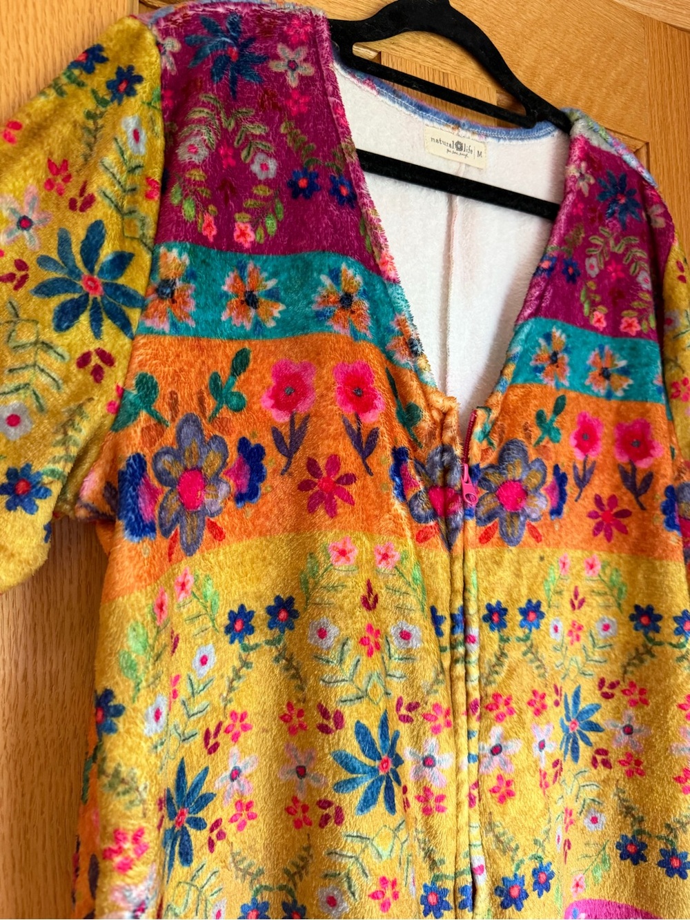 Natural Life Fleece One Piece Pajama Jumpsuit Floral Magenta Border Boho M - Picture 3 of 12